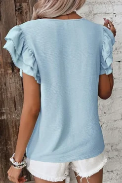 Online Dear-Lover Solid Color Ruffled Short Sleeve Casual Blouse Mist Blue