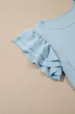 Online Dear-Lover Solid Color Ruffled Short Sleeve Casual Blouse Mist Blue