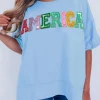Sale Dear-Lover Sparkle America Pastel Embroidered Graphic T-shirt Mist Blue