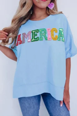 Sale Dear-Lover Sparkle America Pastel Embroidered Graphic T-shirt Mist Blue