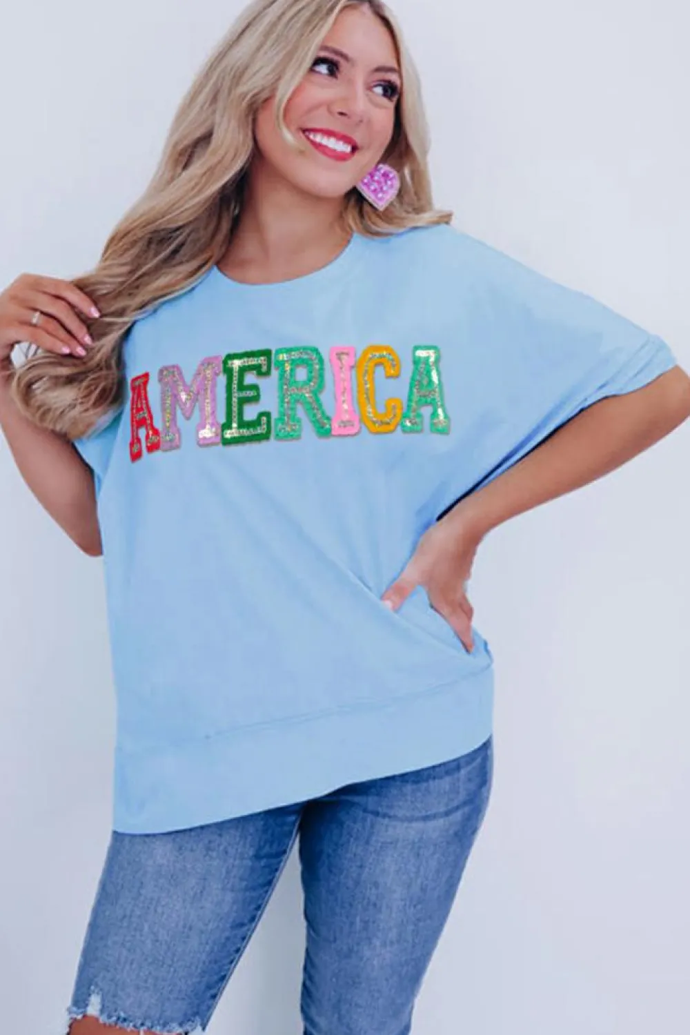 Sale Dear-Lover Sparkle America Pastel Embroidered Graphic T-shirt Mist Blue