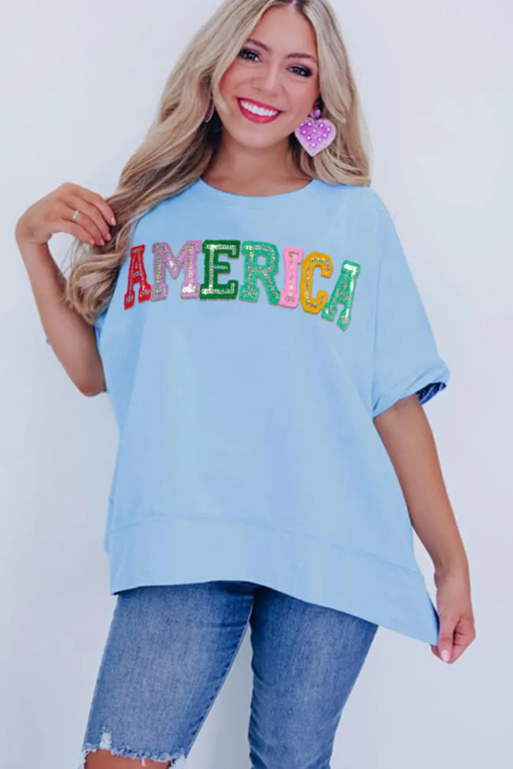 Sale Dear-Lover Sparkle America Pastel Embroidered Graphic T-shirt Mist Blue