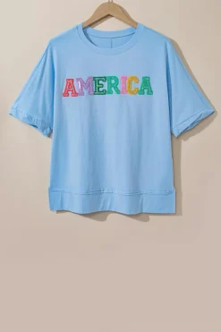 Sale Dear-Lover Sparkle America Pastel Embroidered Graphic T-shirt Mist Blue