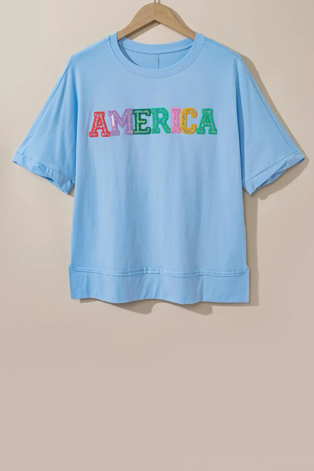 Sale Dear-Lover Sparkle America Pastel Embroidered Graphic T-shirt Mist Blue