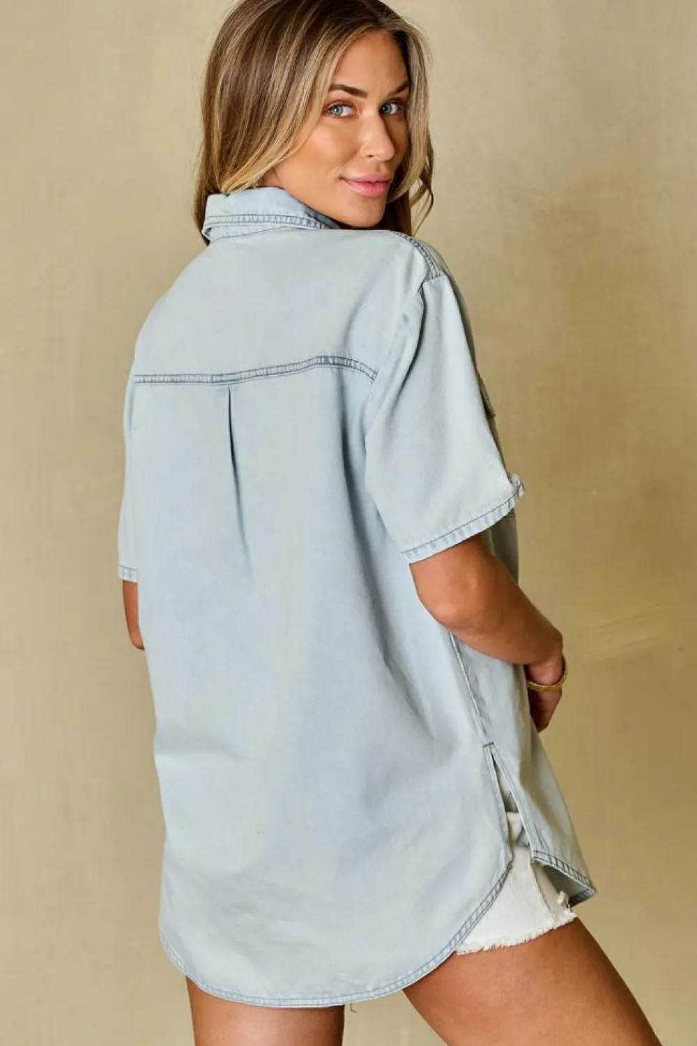 Fashion Dear-Lover Vintage Light Wash Flap Pockets Rounded Hem Shirt Mist Blue