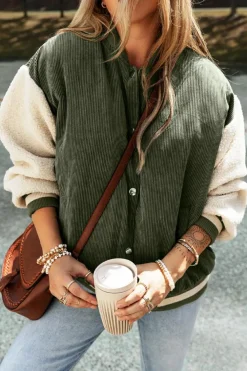 Clearance Dear-Lover Corduroy Fleece Patchwork Buttoned Bomber Jacket Mist Green