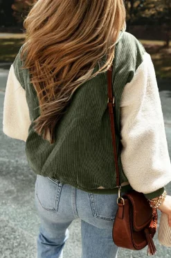 Clearance Dear-Lover Corduroy Fleece Patchwork Buttoned Bomber Jacket Mist Green