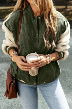 Clearance Dear-Lover Corduroy Fleece Patchwork Buttoned Bomber Jacket Mist Green