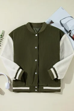 Clearance Dear-Lover Corduroy Fleece Patchwork Buttoned Bomber Jacket Mist Green