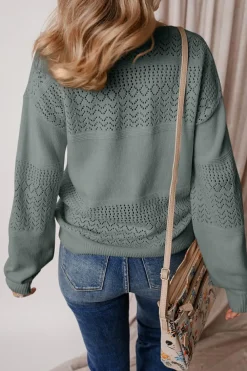Outlet Dear-Lover Eyelet Pattern Detail V Neck Drop Shoulder Sweater Mist Green