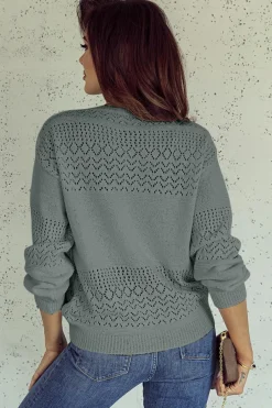 Outlet Dear-Lover Eyelet Pattern Detail V Neck Drop Shoulder Sweater Mist Green