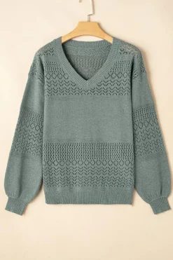 Outlet Dear-Lover Eyelet Pattern Detail V Neck Drop Shoulder Sweater Mist Green