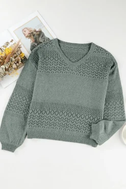 Outlet Dear-Lover Eyelet Pattern Detail V Neck Drop Shoulder Sweater Mist Green