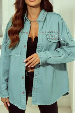 Hot Dear-Lover Frayed Trim Riveted Denim Jacket Mist Green