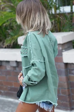 Hot Dear-Lover Frayed Trim Riveted Denim Jacket Mist Green