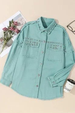 Hot Dear-Lover Frayed Trim Riveted Denim Jacket Mist Green