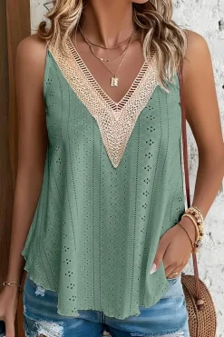 Hot Dear-Lover Lace Crochet Splicing V Neck Loose Fit Tank Top Mist Green