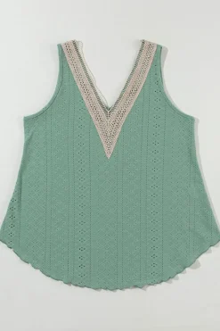 Hot Dear-Lover Lace Crochet Splicing V Neck Loose Fit Tank Top Mist Green