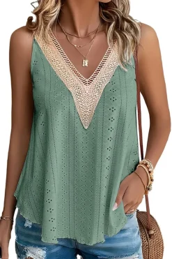 Hot Dear-Lover Lace Crochet Splicing V Neck Loose Fit Tank Top Mist Green