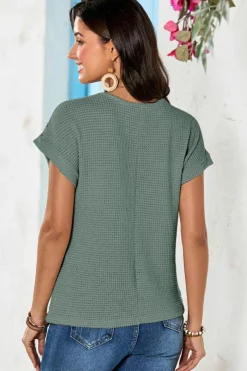 Clearance Dear-Lover Lace Patchwork Waffle Short Sleeve Top Mist Green