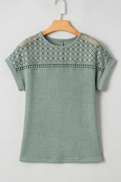 Clearance Dear-Lover Lace Patchwork Waffle Short Sleeve Top Mist Green