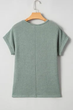 Clearance Dear-Lover Lace Patchwork Waffle Short Sleeve Top Mist Green