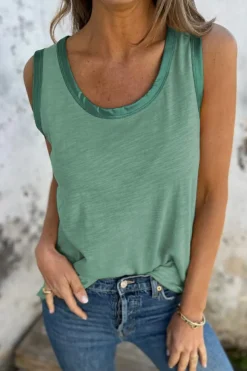 Discount Dear-Lover Metallic Sheen Edge Scoop Neck Tank Top Mist Green
