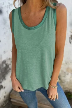 Discount Dear-Lover Metallic Sheen Edge Scoop Neck Tank Top Mist Green