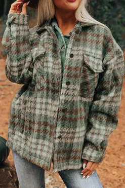 Best Dear-Lover Plaid Print Chest Pockets Turn Down Collar Shacket Mist Green