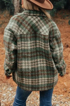 Best Dear-Lover Plaid Print Chest Pockets Turn Down Collar Shacket Mist Green