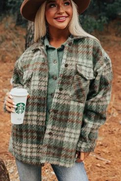 Best Dear-Lover Plaid Print Chest Pockets Turn Down Collar Shacket Mist Green