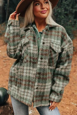 Best Dear-Lover Plaid Print Chest Pockets Turn Down Collar Shacket Mist Green