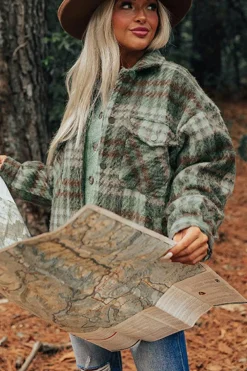 Best Dear-Lover Plaid Print Chest Pockets Turn Down Collar Shacket Mist Green