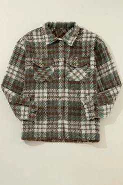 Best Dear-Lover Plaid Print Chest Pockets Turn Down Collar Shacket Mist Green
