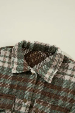 Best Dear-Lover Plaid Print Chest Pockets Turn Down Collar Shacket Mist Green