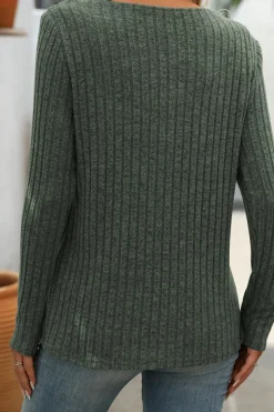 Clearance Dear-Lover Ribbed Long Sleeve Buttoned Strap V Neck Top Mist Green