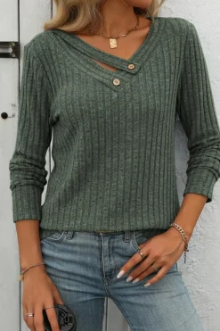 Clearance Dear-Lover Ribbed Long Sleeve Buttoned Strap V Neck Top Mist Green