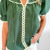 Online Dear-Lover Ric Rac Trim Tie Split Neck Short Sleeve Blouse Mist Green