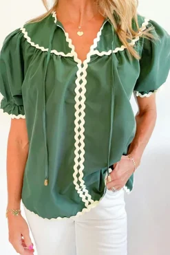 Online Dear-Lover Ric Rac Trim Tie Split Neck Short Sleeve Blouse Mist Green