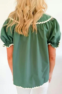 Online Dear-Lover Ric Rac Trim Tie Split Neck Short Sleeve Blouse Mist Green