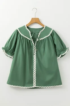 Online Dear-Lover Ric Rac Trim Tie Split Neck Short Sleeve Blouse Mist Green