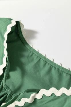 Online Dear-Lover Ric Rac Trim Tie Split Neck Short Sleeve Blouse Mist Green