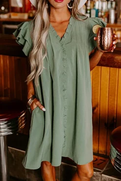 Sale Dear-Lover Ruffle Sleeve V Neck Frilled Shift Dress Mist Green