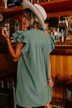 Sale Dear-Lover Ruffle Sleeve V Neck Frilled Shift Dress Mist Green