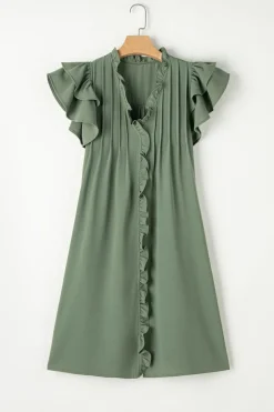 Sale Dear-Lover Ruffle Sleeve V Neck Frilled Shift Dress Mist Green