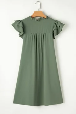 Sale Dear-Lover Ruffle Sleeve V Neck Frilled Shift Dress Mist Green