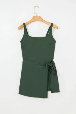 Best Dear-Lover Side Tied Waist Square Neck Adjustable Straps A-line One Piece Swim Dress Mist Green