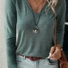 Discount Dear-Lover Solid Color Long Sleeve V Neck Top Mist Green