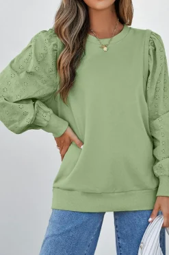 Sale Dear-Lover Solid Patchwork Sleeve Round Neck Sweatshirt Mist Green