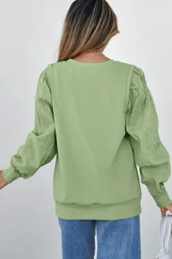 Sale Dear-Lover Solid Patchwork Sleeve Round Neck Sweatshirt Mist Green